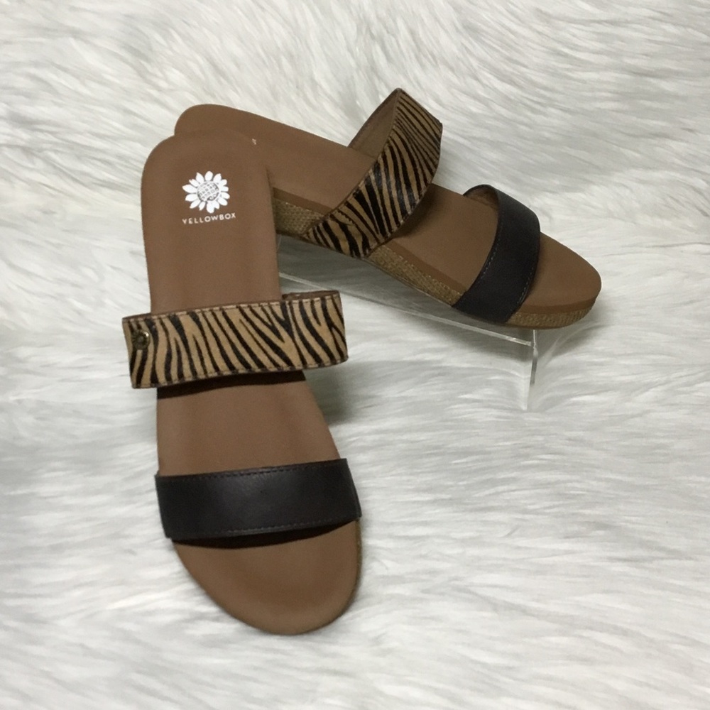 Yellow Box Cullin Zebra Two Strap Sandal, Black/Tan, 9.5 - New in Box!